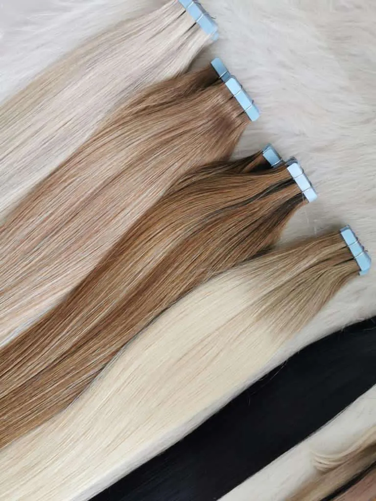Russian Remy tape hair extensions collection with rooted and ombré shades, full range