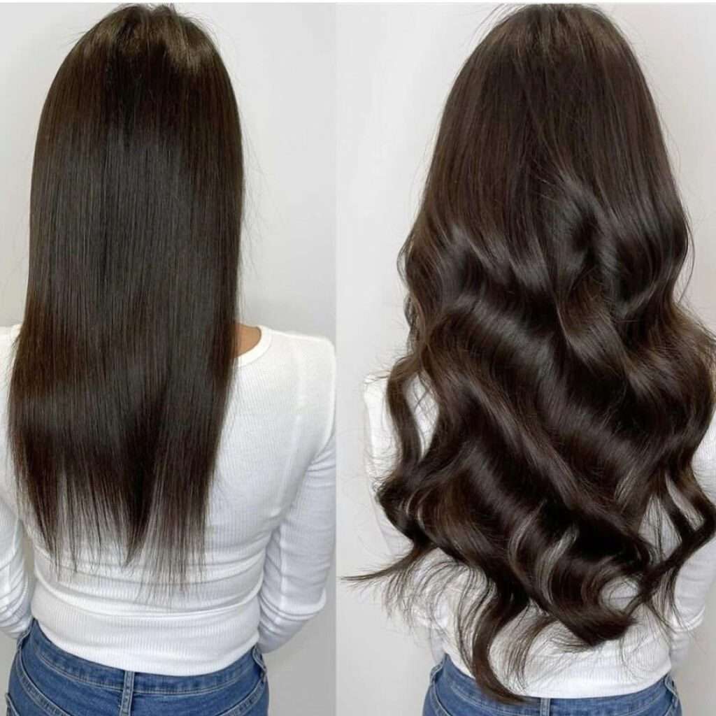 Comparison of natural hair before and after weft extension application.