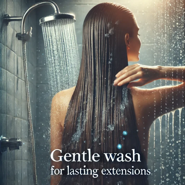 Person gently detangling hair extensions before washing process