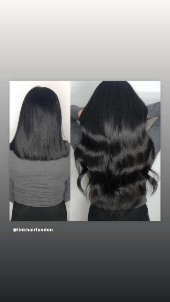 Comparison of natural hair before and after tape extension application.