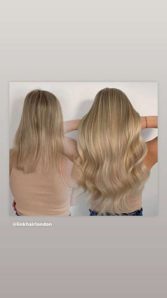 Thin-haired model showcasing volume achieved through tape-in extensions.