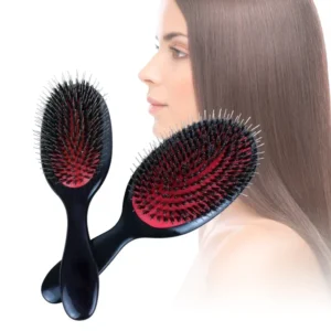 Two black hairbrushes with red cushions and mixed bristles, shown alongside a woman with long, smooth, straight brown hair.