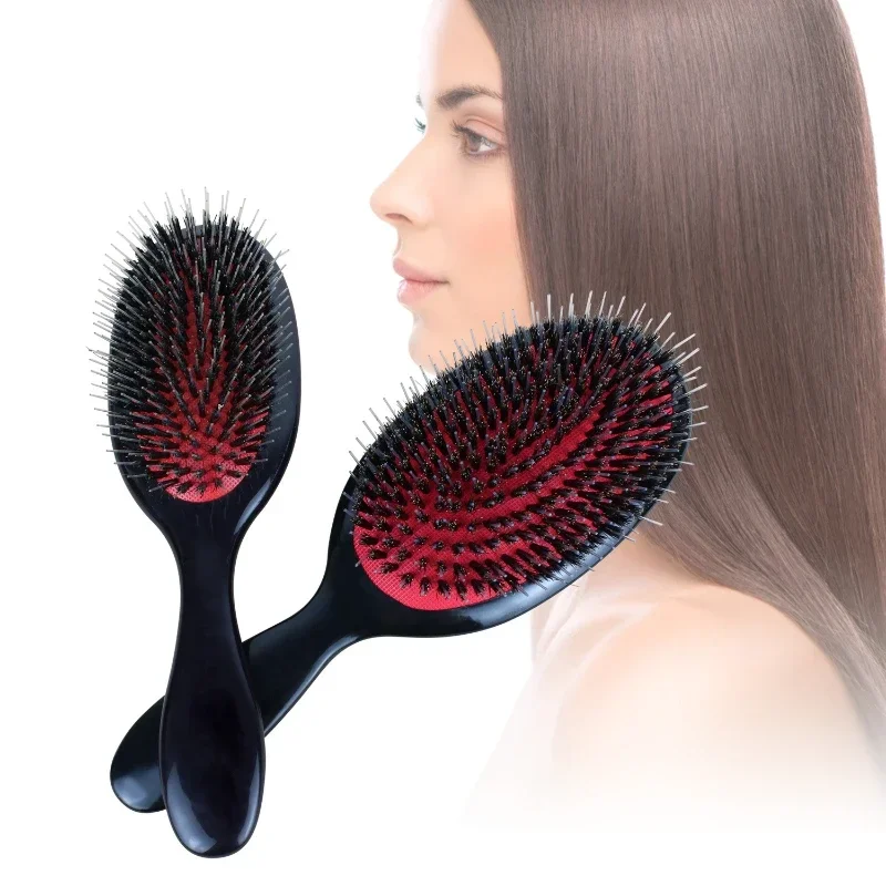 Two black hairbrushes with red cushions and mixed bristles, shown alongside a woman with long, smooth, straight brown hair.
