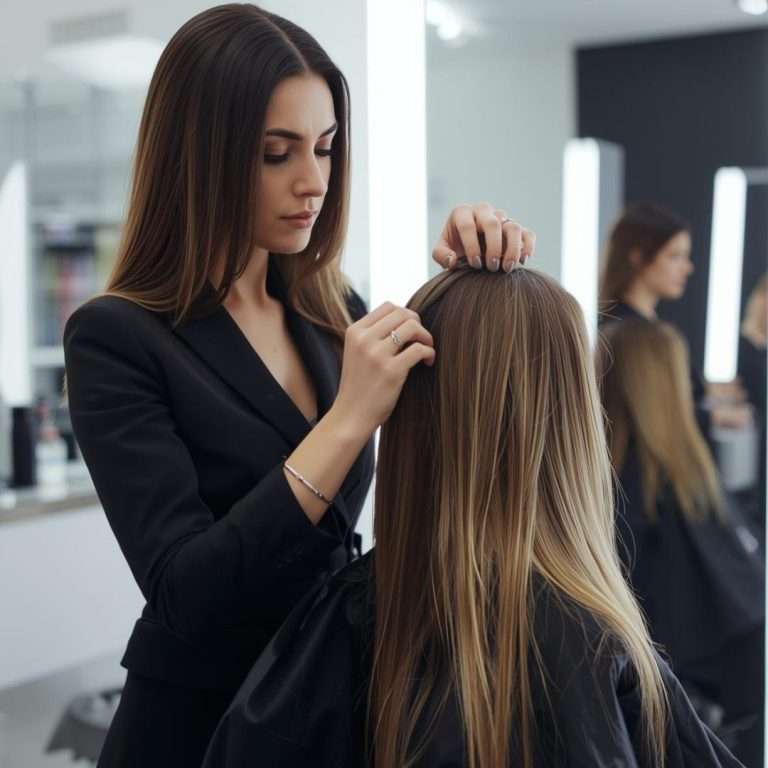 A professional hair stylist in a salon setting carefully sectioning a client's hair during a hair extension fitting or consultation.