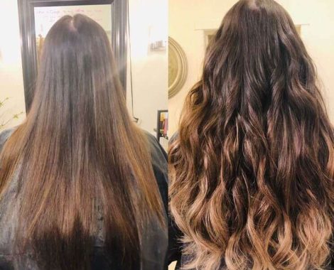 Long hair with added volume and colour, rich dark brown with blonde tips transformation